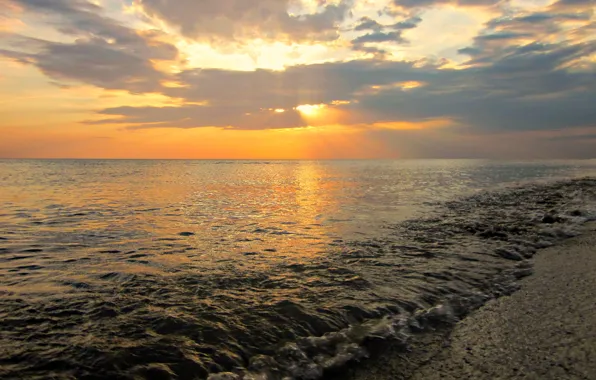 Sunset, The sun, Clouds, Sea, Beach, Russia, The black sea