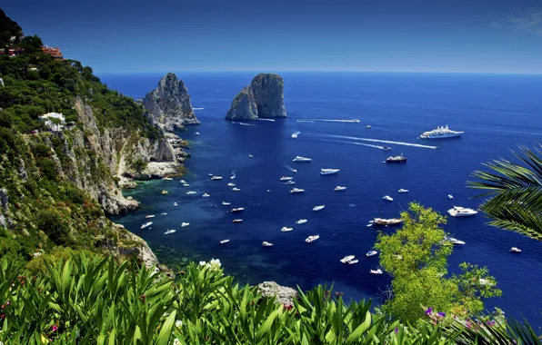 Sea, rocks, yacht, Bay, Capri