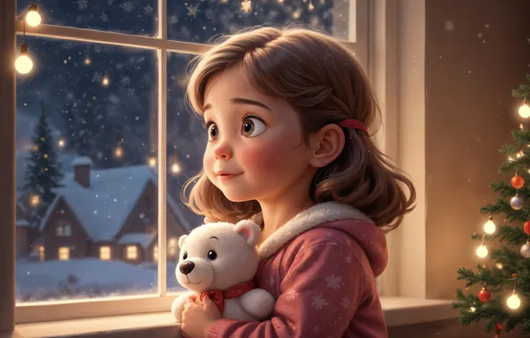 Picture Bear, Christmas, Window, Girl, New year, Tree, Toys, Digital art