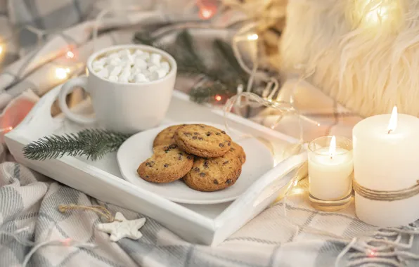 Light, branches, comfort, table, candles, scarf, cookies, plate