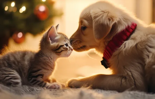 Cat, look, light, lights, kitty, dog, Christmas, puppy