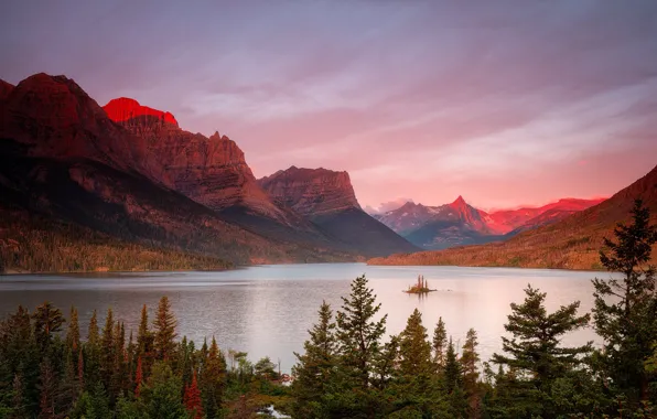 Picture autumn, forest, mountains, shore, view, pond
