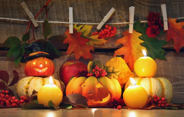 Picture autumn, leaves, candles, pumpkin