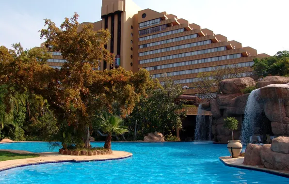 Picture design, stones, palm trees, waterfall, pool, Africa, the hotel, architecture