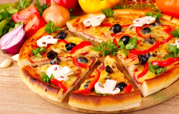Mushrooms, bow, pizza, tomatoes, olives, parsley, mushrooms, paprika