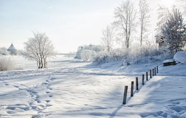 Winter, snow, landscape, traces, nature, beauty, Church