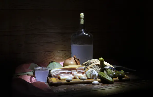 Bow, bread, tablecloth, cucumbers, garlic, fat, poured glass, russian still life