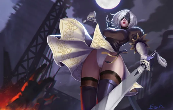 Girl, Night, Figure, The moon, Sword, Android, Art, Nier