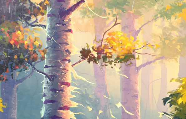 Nature, Autumn, Trees, Painting, Birch