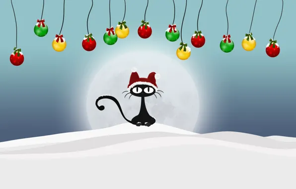 Winter, cat, balls, snow, new year
