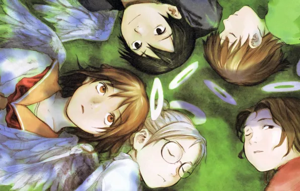Children, wings, glasses, friends, halo, closed eyes, nemu, the reki