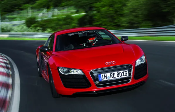Red, Machine, The hood, Racer, Lights, Audi R8, Driver, V10