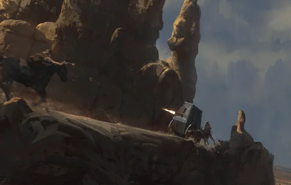 Mountains, chase, shooting, rider, Bad road, war car west