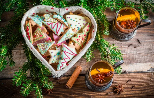 Tea, tree, cookies, New year, cinnamon, Christmas, cakes, sweet
