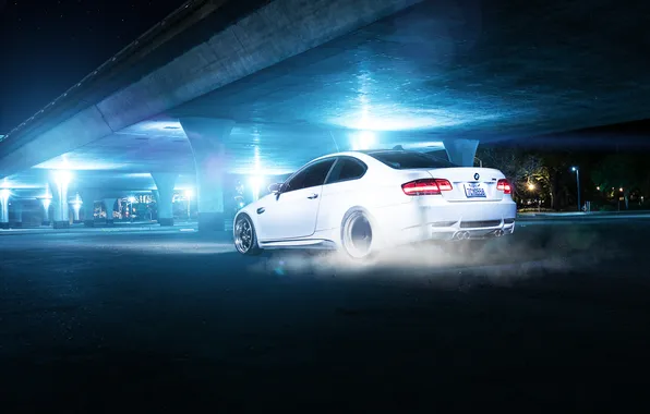 Picture white, bridge, BMW, BMW, white, rear, E92, burnout