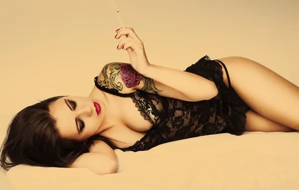 Erotic, girl, model, makeup, tattoo, lies, smokes