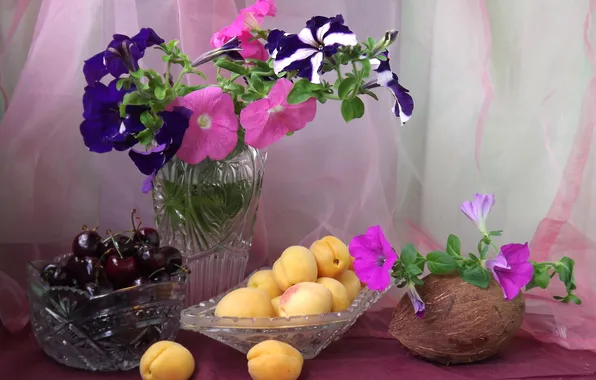 Flowers, berries, coconut, vase, fruit, still life, apricot, cherry