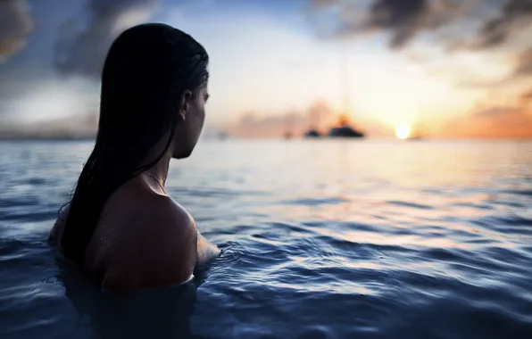 Sea, water, girl, naked, wet