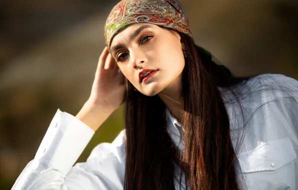 Picture look, girl, face, pose, hand, portrait, brunette, shawl