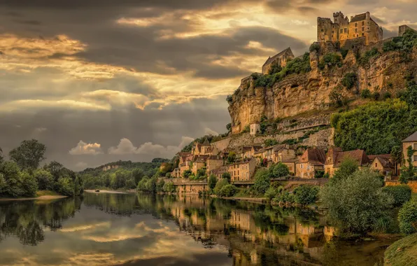 Picture the sky, landscape, clouds, nature, rock, river, castle, France