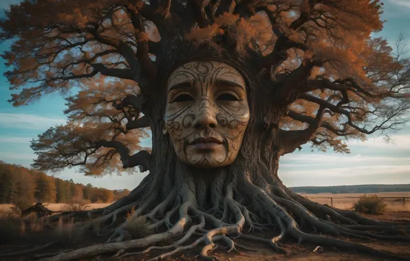 Picture autumn, trees, face, mask, fantasy, painting, AI art, neural network