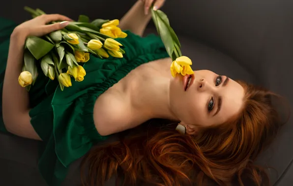 Picture look, girl, flowers, face, hair, red, redhead, yellow tulips