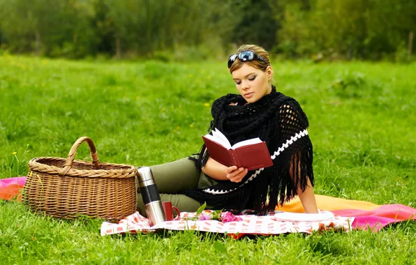 Greens, grass, girl, trees, pose, basket, glade, makeup