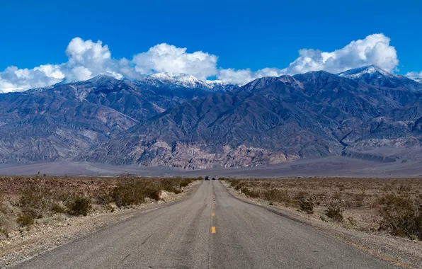 Road, the sky, the sun, clouds, mountains, machine, desert, highway