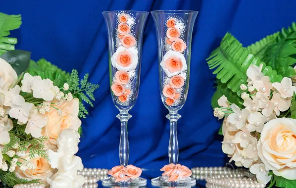 Flowers, roses, glasses, pearl, beads, Flowers, wedding, decor