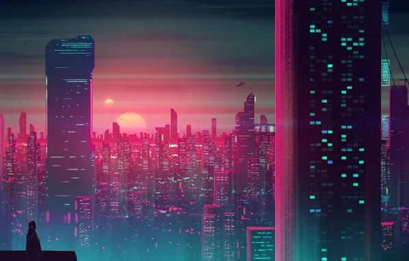 Sunset, The sun, The evening, The city, Stars, Silhouette, Skyscrapers, Building