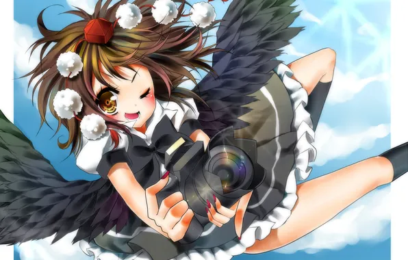 Girl, wings, anime, art, the camera, touhou, shameimaru aya