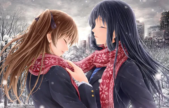 Winter, snow, trees, the city, girls, home, anime, scarf
