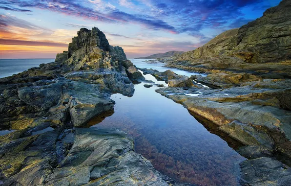 Beach, algae, sunrise, the ocean, rocks, calm, morning, Canary Islands