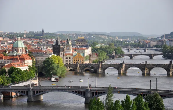 Bridge, river, home, Prague, Czech Republic, panorama, Vltava