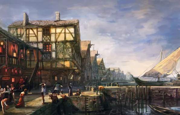 The city, people, boats, The Witcher, The Witcher 3: Wild Hunt