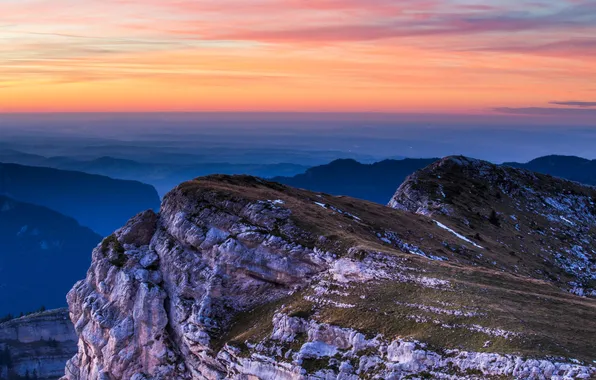 Landscape, sunset, rocks, view, height, valley