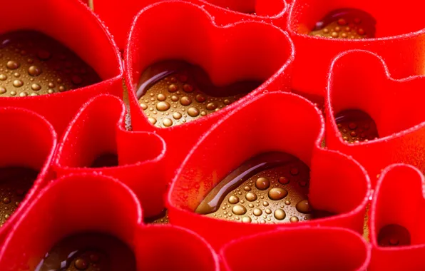Picture water, drops, macro, red, hearts, Valentine's day, bokeh