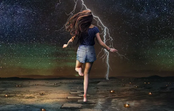 The storm, girl, night, rendering, lightning, back, running