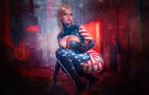 Girl, Night, Map, Blonde, Rain, Style, Flag, Girl