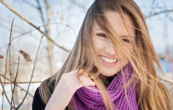 Picture autumn, girl, face, eyelashes, smile, hair, scarf, long