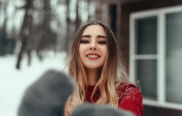 Winter, look, snow, smile, hair, Girl, sweater, Sasha Rusko