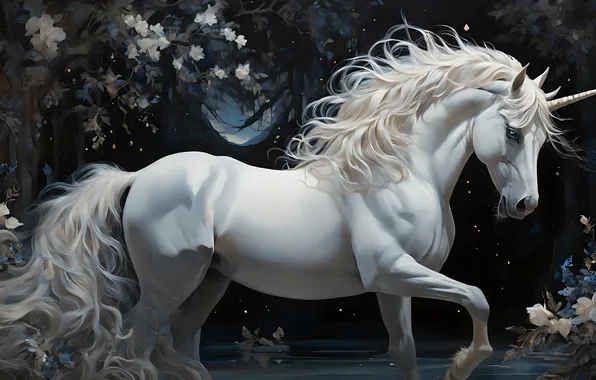 White, look, water, flowers, night, branches, the dark background, horse