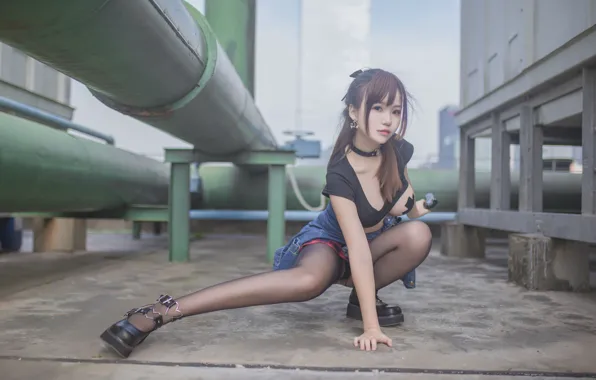 Sexy, pipe, Asian, big Breasts, spread her legs, dark tights, denim skirt, Yoko Takika