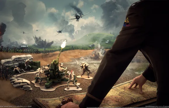 The sky, war, smoke, map, battle, soldiers, shooting, General