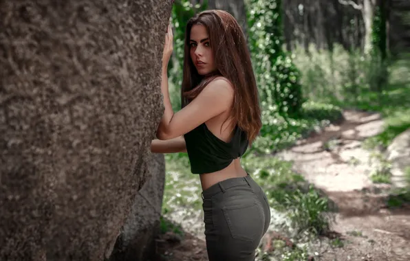 Picture forest, look, trees, model, stone, makeup, figure, hairstyle