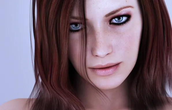 Girl, sexy, blue eyes, face, redhead, beautiful woman, pink lips, black eyes lined