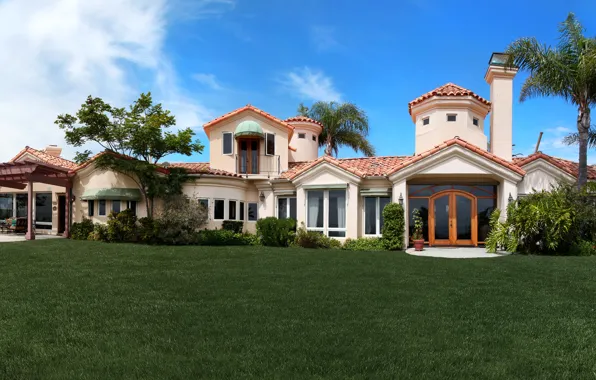 Grass, house, palm trees, CA, USA, mansion, the bushes, lawn