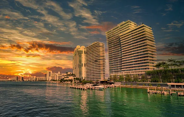 The sky, the sun, clouds, sunset, palm trees, coast, building, home