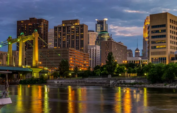 Picture night, bridge, lights, building, USA, Minneapolis, Minneapolis, Mississippi