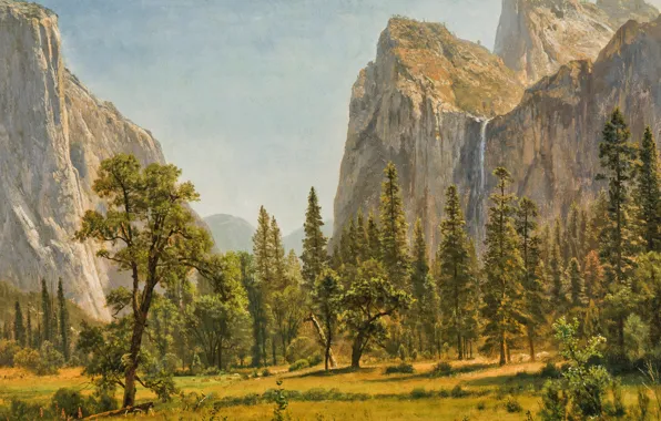 Trees, landscape, mountains, nature, picture, Albert Bierstadt, The Bridal Veil Falls. Yosemite. CA